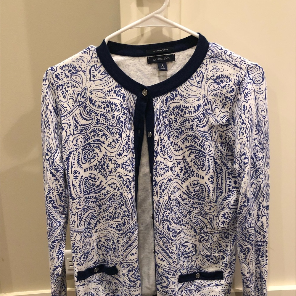 Land’s End Blue and White Patterned Cardigan